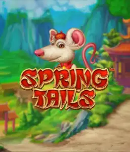 An enchanting illustration of a mouse wearing a red traditional Chinese outfit standing in a scenic mountain backdrop. The image promotes the Spring Tails game by Betsoft, showcased with striking red and gold logo lettering.