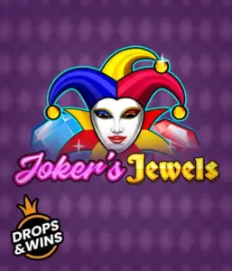 Experience the vibrant ambiance of the Joker's Jewels game by Pragmatic Play, highlighting a captivating joker's mask embellished with a multicolored jester hat. This graphic conveys the light-hearted fun of casino gaming, set against a lavender background. Perfect for fans of joker-themed slots, offering a thrilling adventure. 